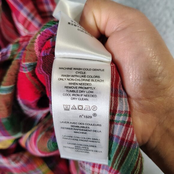 Lauren Ralph Lauren Midi Dress Women's 12 Red Multi Plaid Crinkle Surplice Neck - Picture 10 of 11